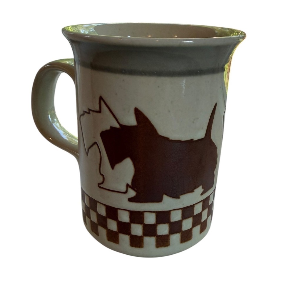 Vtg 90s Scottie Dog Ceramic Coffee Mug Scottish Terrier Checkerboard Stoneware